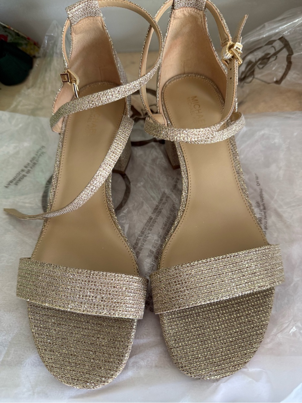 MICHAEL Michael Kors Glitter Gold Ankle-Strap Block Heel Sandals